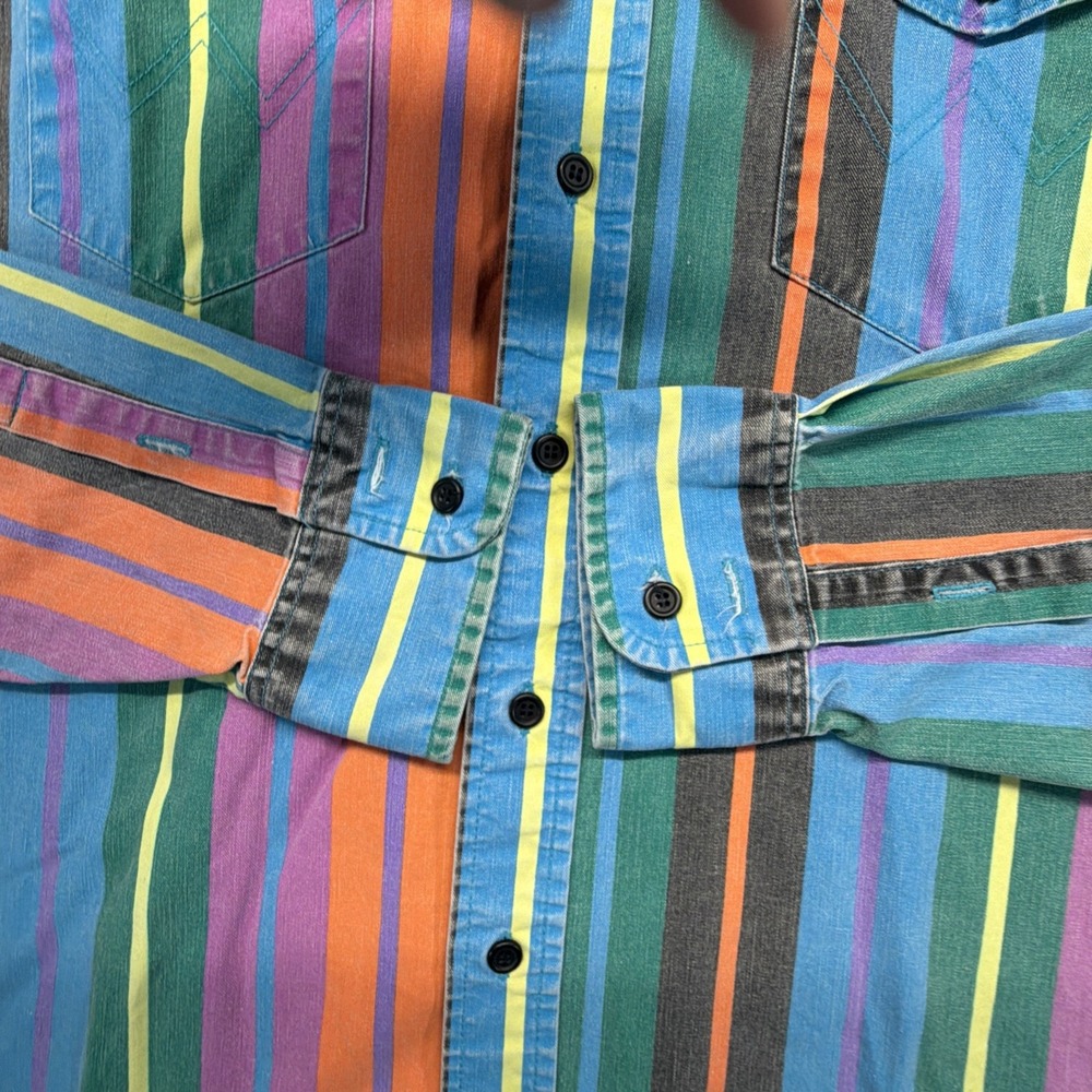 Vintage Wrangler Brushpopper Men's Size XL Blue Pink Striped Button Up 90s - Picture 9 of 9